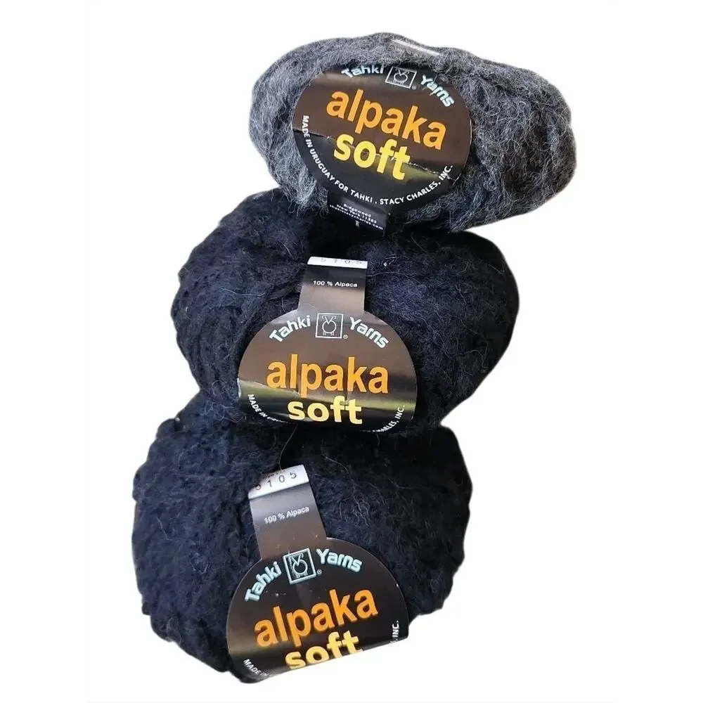 Tahki Alpaka Soft 100% Alpaca Yarn Lot 2 Black 1 Gray Skeins Fuzzy Bulky